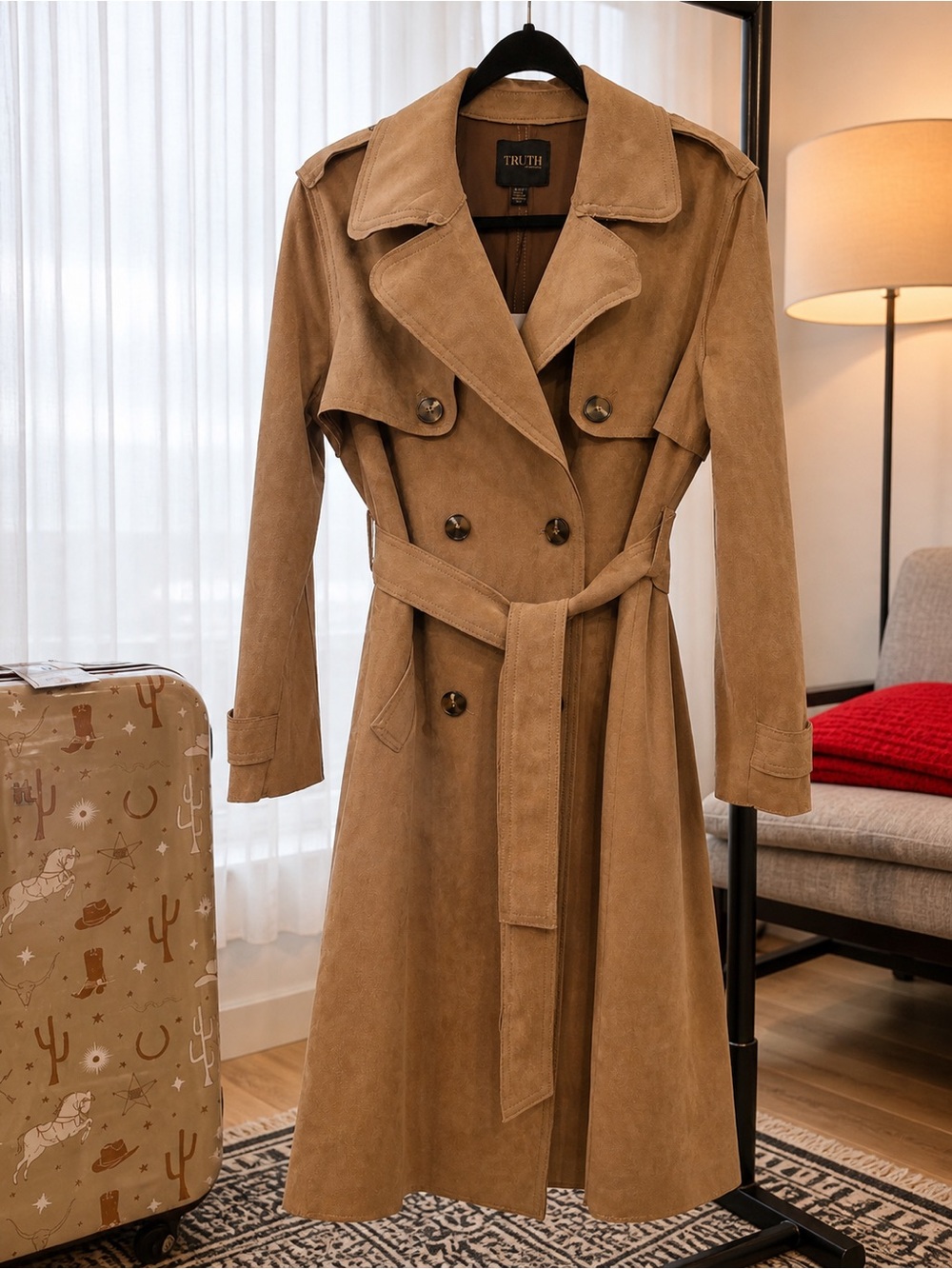 Truth Camel Suede Double-Breasted Trench Coat with Belt